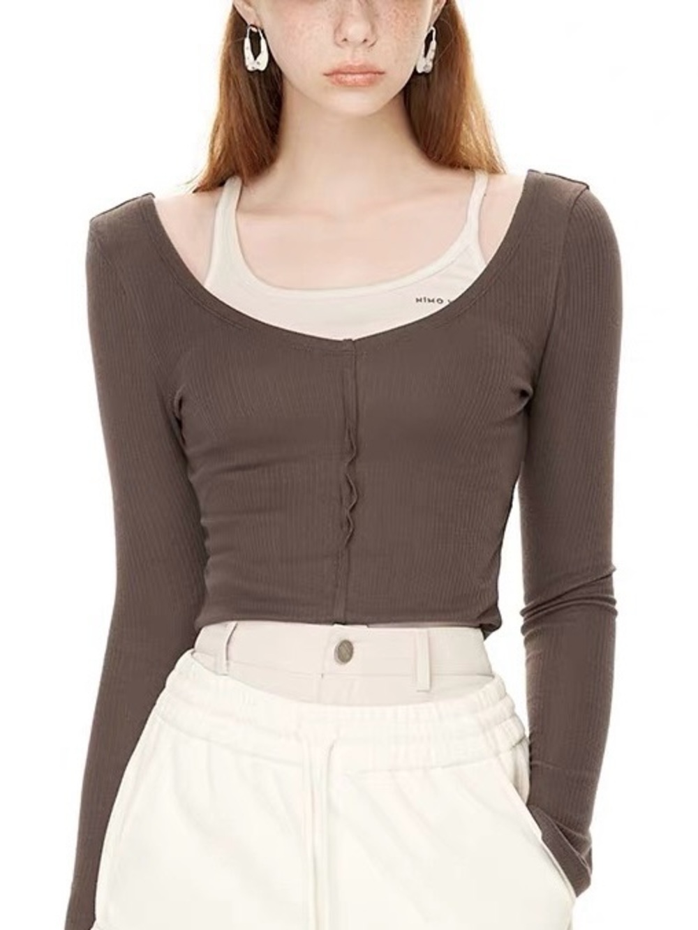 Nimo Wang Layered Knit Top | Brown/White | Size M